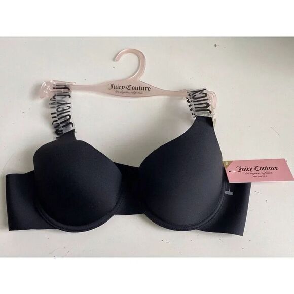 Juicy Couture Sexy Push Up Bra Black Plastic Straps JC7335A Sz 34B Logo NEW - Picture 1 of 8